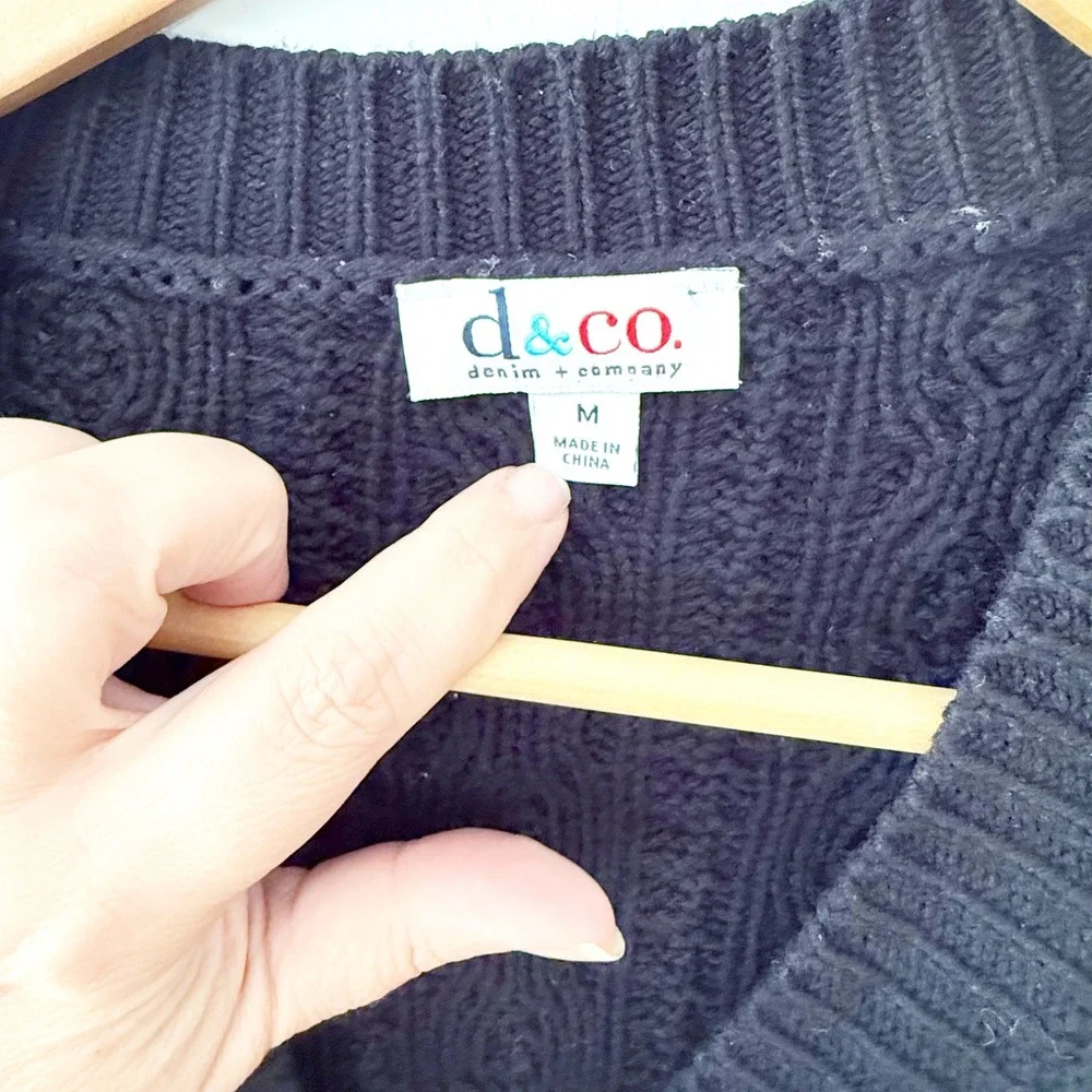 Denim & Co Cardigan Sweater Womens Medium Black Cable Knit Longline Fisherman